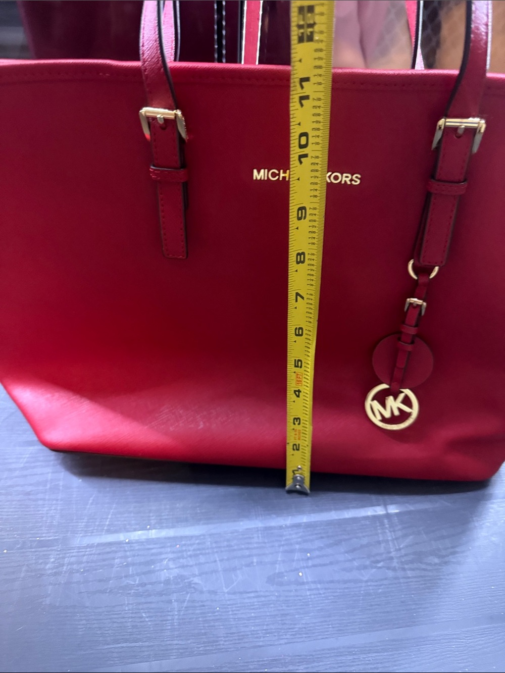 Michael Kors Bright Red Leather Tote with Gold MK Charm - Picture 8 of 16